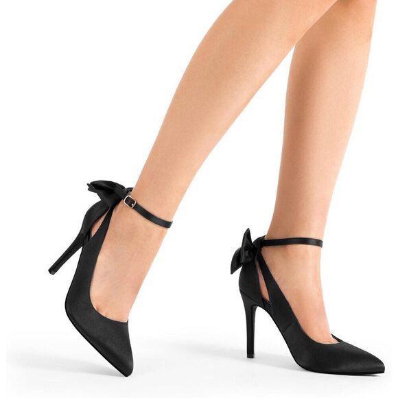 Women Black High Heels Stiletto Strappy Pointed Toe Bow Heel Pumps Sexy Shoes - Picture 6 of 7